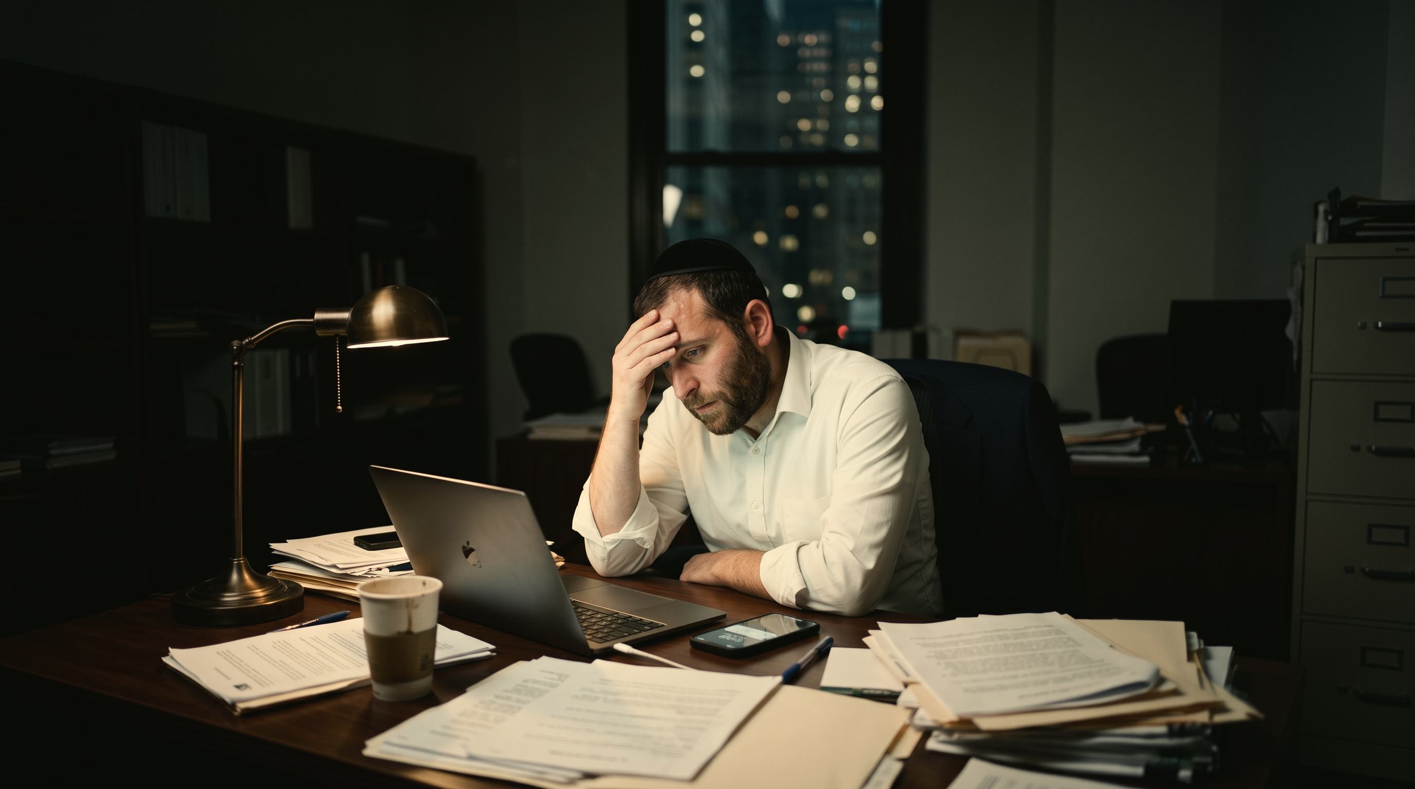 Owner alone at his desk late at night