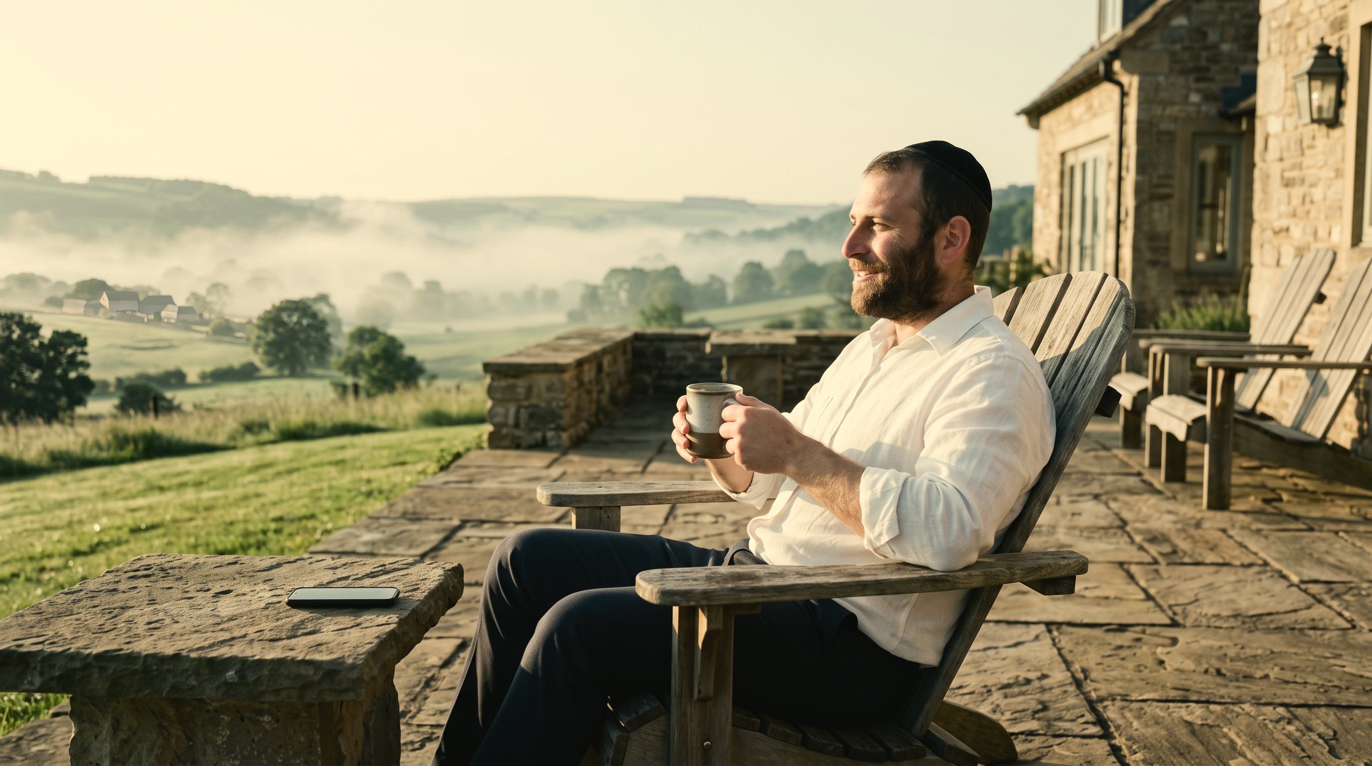 Owner relaxing with coffee on the terrace of his home at sunrise